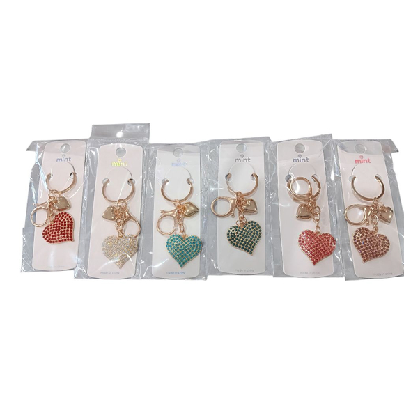 SET Of 6! Dazzling Rhinestone Heart Keychain Purse Charm Gold Tone - Picture 14 of 15